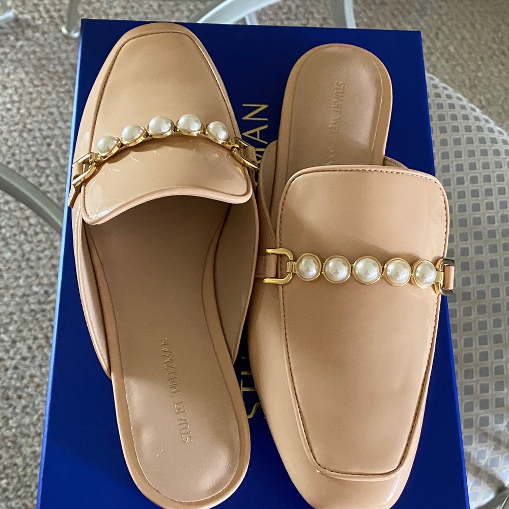 Stuart Weitzman Pearl-Chain Cream Mules